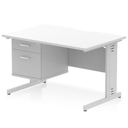 Impulse 1200 x 800mm Scalloped Edge Straight Office Desk White Top Silver Cable Managed Leg Workstation 1 x 2 Drawer Fixed Pedestal