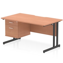 Impulse 1400 x 800mm Scalloped Edge Straight Office Desk Beech Top Black Cantilever Leg Workstation 1 x 2 Drawer Fixed Pedestal