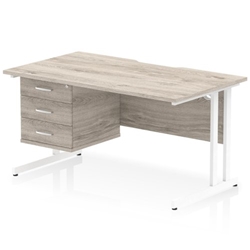 Impulse 1400 x 800mm Scalloped Edge Straight Office Desk Grey Oak Top White Cantilever Leg Workstation 1 x 3 Drawer Fixed Pedestal