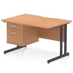 Impulse 1200 x 800mm Scalloped Edge Straight Office Desk Oak Top Black Cantilever Leg Workstation 1 x 2 Drawer Fixed Pedestal