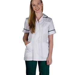 Work in Style Female Nursing Tunic White with Bottle Green Trim 50 Inch DVDTR/WHT/BOT/50