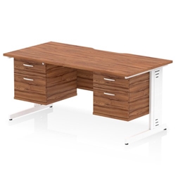 Impulse 1600 x 800mm Scalloped Edge Straight Office Desk Walnut Top White Cable Managed Leg Workstation 2 x 2 Drawer Fixed Pedestal