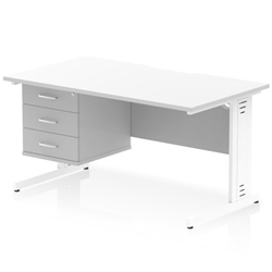 Impulse 1400 x 800mm Scalloped Edge Straight Office Desk White Top White Cable Managed Leg Workstation 1 x 3 Drawer Fixed Pedestal