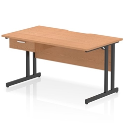 Impulse 1400 x 800mm Scalloped Edge Straight Office Desk Oak Top Black Cantilever Leg Workstation 1 x 1 Drawer Fixed Pedestal