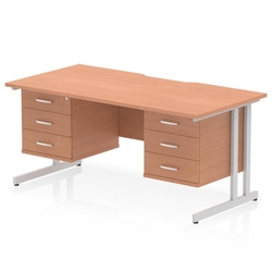 Impulse 1600 x 800mm Scalloped Edge Straight Office Desk Beech Top Silver Cantilever Leg Workstation 2 x 3 Drawer Fixed Pedestal