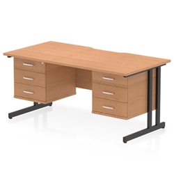 Impulse 1600 x 800mm Scalloped Edge Straight Office Desk Oak Top Black Cantilever Leg Workstation 2 x 3 Drawer Fixed Pedestal
