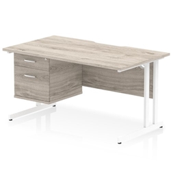 Impulse 1400 x 800mm Scalloped Edge Straight Office Desk Grey Oak Top White Cantilever Leg Workstation 1 x 2 Drawer Fixed Pedestal