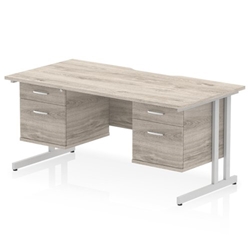 Impulse 1600 x 800mm Scalloped Edge Straight Office Desk Grey Oak Top Silver Cantilever Leg Workstation 2 x 2 Drawer Fixed Pedestal