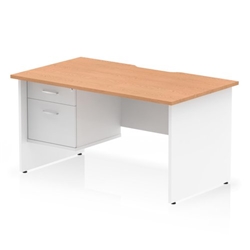 Impulse 1400 x 800mm Scalloped Edge Straight Office Desk Oak Top White Panel End Leg Workstation 1 x 2 Drawer Fixed Pedestal