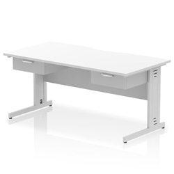 Impulse 1600 x 800mm Scalloped Edge Straight Office Desk White Top Silver Cable Managed Leg Workstation 2 x 1 Drawer Fixed Pedestal