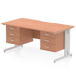Impulse 1600 x 800mm Scalloped Edge Straight Office Desk Beech Top Silver Cable Managed Leg Workstation 2 x 3 Drawer Fixed Pedestal