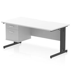 Impulse 1600 x 800mm Scalloped Edge Straight Office Desk White Top Black Cable Managed Leg Workstation 1 x 2 Drawer Fixed Pedestal
