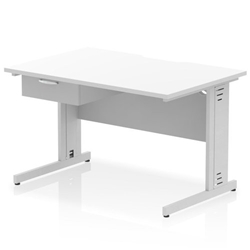 Impulse 1200 x 800mm Scalloped Edge Straight Office Desk White Top Silver Cable Managed Leg Workstation 1 x 1 Drawer Fixed Pedestal