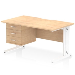 Impulse 1400 x 800mm Scalloped Edge Straight Office Desk Maple Top White Cable Managed Leg Workstation 1 x 3 Drawer Fixed Pedestal