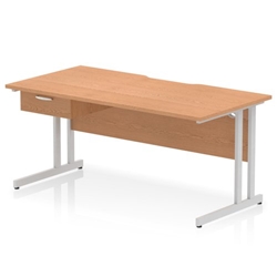 Impulse 1600 x 800mm Scalloped Edge Straight Office Desk Oak Top Silver Cantilever Leg Workstation 1 x 1 Drawer Fixed Pedestal