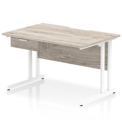 Impulse 1200 x 800mm Scalloped Edge Straight Office Desk Grey Oak Top White Cantilever Leg Workstation 1 x 1 Drawer Fixed Pedestal