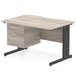 Impulse 1200 x 800mm Scalloped Edge Straight Office Desk Grey Oak Top Black Cable Managed Leg Workstation 1 x 2 Drawer Fixed Pedestal