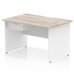 Impulse 1200 x 800mm Scalloped Edge Straight Office Desk Grey Oak Top White Panel End Leg Workstation 1 x 1 Drawer Fixed Pedestal