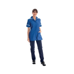 Work in Style Female Nursing Tunic Bugatti Blue with White Trim 48 Inch DVDTR/BUG/WHT/48