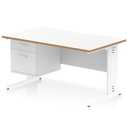 Oslo 1400 x 800mm Scalloped Edge Straight Office Desk White Top Natural Wood Edge White Cable Managed Leg Workstation 1 x 2 Drawer Fixed Pedestal