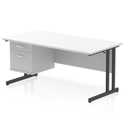 Impulse 1600 x 800mm Scalloped Edge Straight Office Desk White Top Black Cantilever Leg Workstation 1 x 2 Drawer Fixed Pedestal