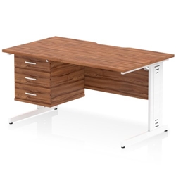 Impulse 1400 x 800mm Scalloped Edge Straight Office Desk Walnut Top White Cable Managed Leg Workstation 1 x 3 Drawer Fixed Pedestal