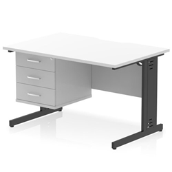 Impulse 1200 x 800mm Scalloped Edge Straight Office Desk White Top Black Cable Managed Leg Workstation 1 x 3 Drawer Fixed Pedestal