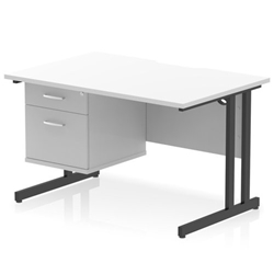 Impulse 1200 x 800mm Scalloped Edge Straight Office Desk White Top Black Cantilever Leg Workstation 1 x 2 Drawer Fixed Pedestal