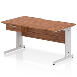Impulse 1400 x 800mm Scalloped Edge Straight Office Desk Walnut Top Silver Cable Managed Leg Workstation 1 x 1 Drawer Fixed Pedestal