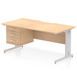 Impulse 1600 x 800mm Scalloped Edge Straight Office Desk Maple Top Silver Cable Managed Leg Workstation 1 x 3 Drawer Fixed Pedestal