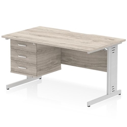 Impulse 1400 x 800mm Scalloped Edge Straight Office Desk Grey Oak Top Silver Cable Managed Leg Workstation 1 x 3 Drawer Fixed Pedestal