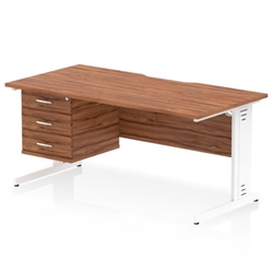 Impulse 1600 x 800mm Scalloped Edge Straight Office Desk Walnut Top White Cable Managed Leg Workstation 1 x 3 Drawer Fixed Pedestal