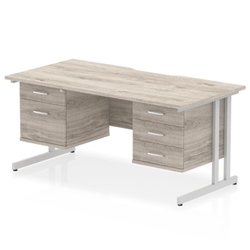 Impulse 1600 x 800mm Scalloped Edge Straight Office Desk Grey Oak Top Silver Cantilever Leg Workstation 1 x 2 Drawer 1 x 3 Drawer Fixed Pedestal