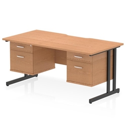 Impulse 1600 x 800mm Scalloped Edge Straight Office Desk Oak Top Black Cantilever Leg Workstation 2 x 2 Drawer Fixed Pedestal