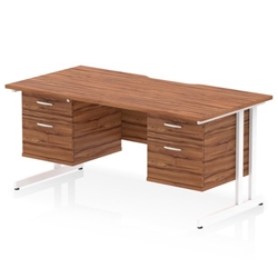 Impulse 1600 x 800mm Scalloped Edge Straight Office Desk Walnut Top White Cantilever Leg Workstation 2 x 2 Drawer Fixed Pedestal