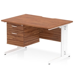 Impulse 1200 x 800mm Scalloped Edge Straight Office Desk Walnut Top White Cable Managed Leg Workstation 1 x 2 Drawer Fixed Pedestal
