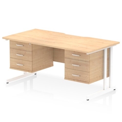 Impulse 1600 x 800mm Scalloped Edge Straight Office Desk Maple Top White Cantilever Leg Workstation 2 x 3 Drawer Fixed Pedestal