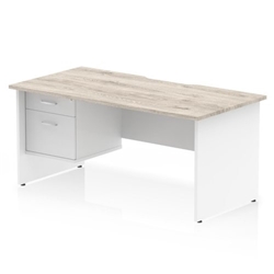 Impulse 1600 x 800mm Scalloped Edge Straight Office Desk Grey Oak Top White Panel End Leg Workstation 1 x 2 Drawer Fixed Pedestal