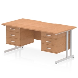 Impulse 1600 x 800mm Scalloped Edge Straight Office Desk Oak Top Silver Cantilever Leg Workstation 2 x 3 Drawer Fixed Pedestal
