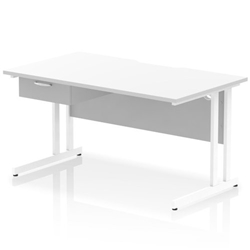 Impulse 1400 x 800mm Scalloped Edge Straight Office Desk White Top White Cantilever Leg Workstation 1 x 1 Drawer Fixed Pedestal
