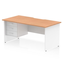 Impulse 1600 x 800mm Scalloped Edge Straight Office Desk Oak Top White Panel End Leg Workstation 1 x 3 Drawer Fixed Pedestal