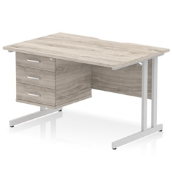 Impulse 1200 x 800mm Scalloped Edge Straight Office Desk Grey Oak Top Silver Cantilever Leg Workstation 1 x 3 Drawer Fixed Pedestal