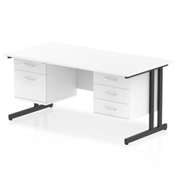 Impulse 1600 x 800mm Scalloped Edge Straight Office Desk White Top Black Cantilever Leg Workstation 1 x 2 Drawer 1 x 3 Drawer Fixed Pedestal