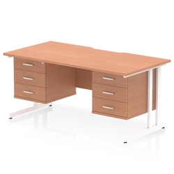 Impulse 1600 x 800mm Scalloped Edge Straight Office Desk Beech Top White Cantilever Leg Workstation 2 x 3 Drawer Fixed Pedestal