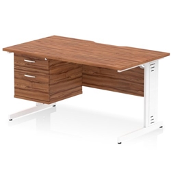 Impulse 1400 x 800mm Scalloped Edge Straight Office Desk Walnut Top White Cable Managed Leg Workstation 1 x 2 Drawer Fixed Pedestal