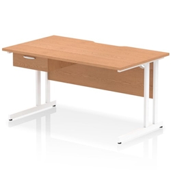 Impulse 1400 x 800mm Scalloped Edge Straight Office Desk Oak Top White Cantilever Leg Workstation 1 x 1 Drawer Fixed Pedestal