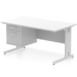 Impulse 1400 x 800mm Scalloped Edge Straight Office Desk White Top Silver Cable Managed Leg Workstation 1 x 2 Drawer Fixed Pedestal
