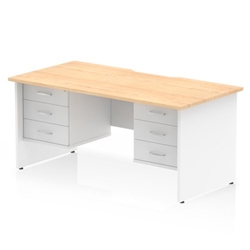 Impulse 1600 x 800mm Scalloped Edge Straight Office Desk Maple Top White Panel End Leg Workstation 2 x 3 Drawer Fixed Pedestal