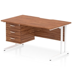 Impulse 1400 x 800mm Scalloped Edge Straight Office Desk Walnut Top White Cantilever Leg Workstation 1 x 3 Drawer Fixed Pedestal