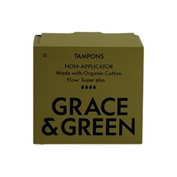 Grace and Green Organic Cotton Non Applicator Tampons Super+ (Pack of 15) GGOTSP003